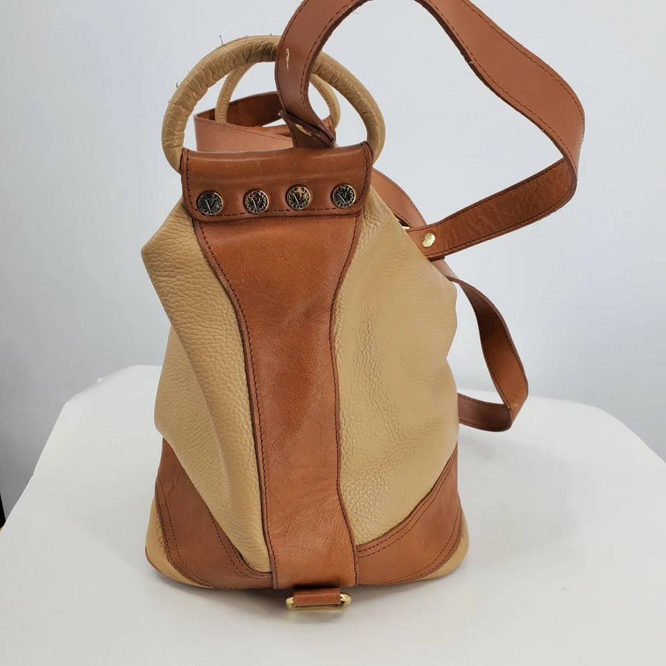 Bolso de Hombro Valentina Cuero Cubo Mochila Beige Marrón Hecho en Italia Cartera Foto 4 de 4