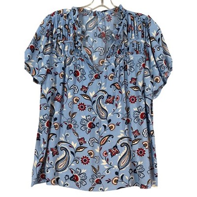 Loft Blue Paisley Floral Ruffle Neck Rayon Blouse Short Sleeve Top Boho Airy