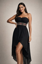 Black Bandeau Party Dress UK 8/10 Lace High Low Hem Padded Bust Size S/M