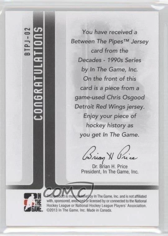 2013 ITG Decades 1990s Between the Pipes Jersey Gold /10 Chris Osgood #BTPJ-02 - Image 2 of 2