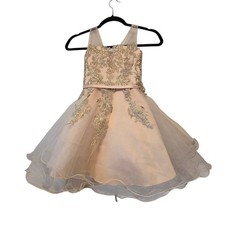 Tip Top Party Pageant Dress Girls Size 6 Ecru Beige Gold Beaded Ruffles Tulle