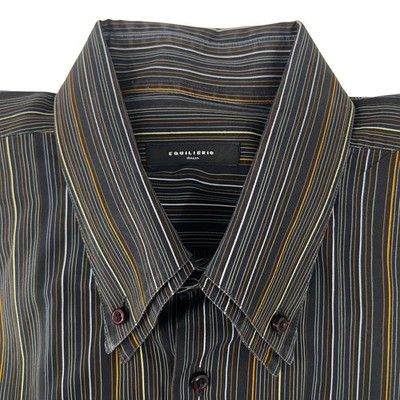 Equilibrio Italia Mens Button Down Shirt Black Grey Ochre Striped Cotton XXL