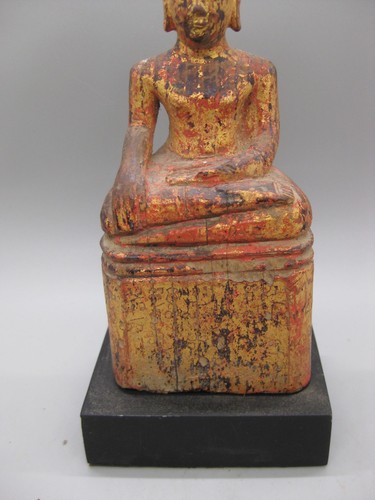 Fine Old Antique Thai Carved Wood Lacquered Gold Gilded Sitting Buddha Statue - Picture 3 of 9