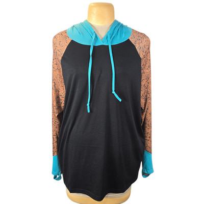 Crazy Train Women's 3XL Hoodie Black Teal Floral Paisley Raglan Western Boho