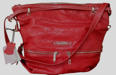 Carlo Rino Red Leather Ostrich Embossed Crossbody Bag New with Tags