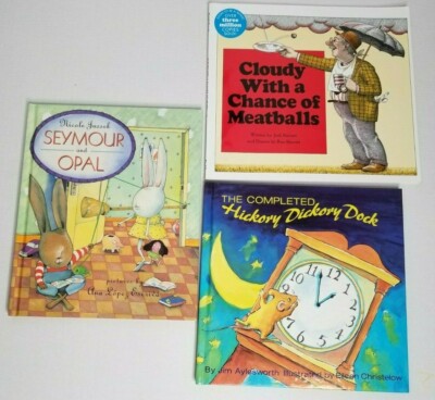 3 Children Picture Books Lot Hickory Dickory Dock, Cloudy with Chance Meathballs