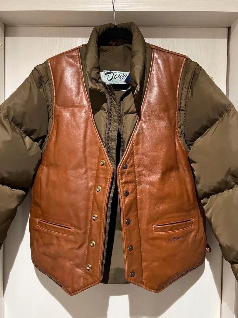 Schott Leather 2Way Down Jacket Vest 40 Khaki X Brown Auth Men ...