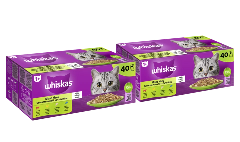 80x85g Whiskas Katzenfutter Nassfutter Gemischte Auswahl in Gelee
