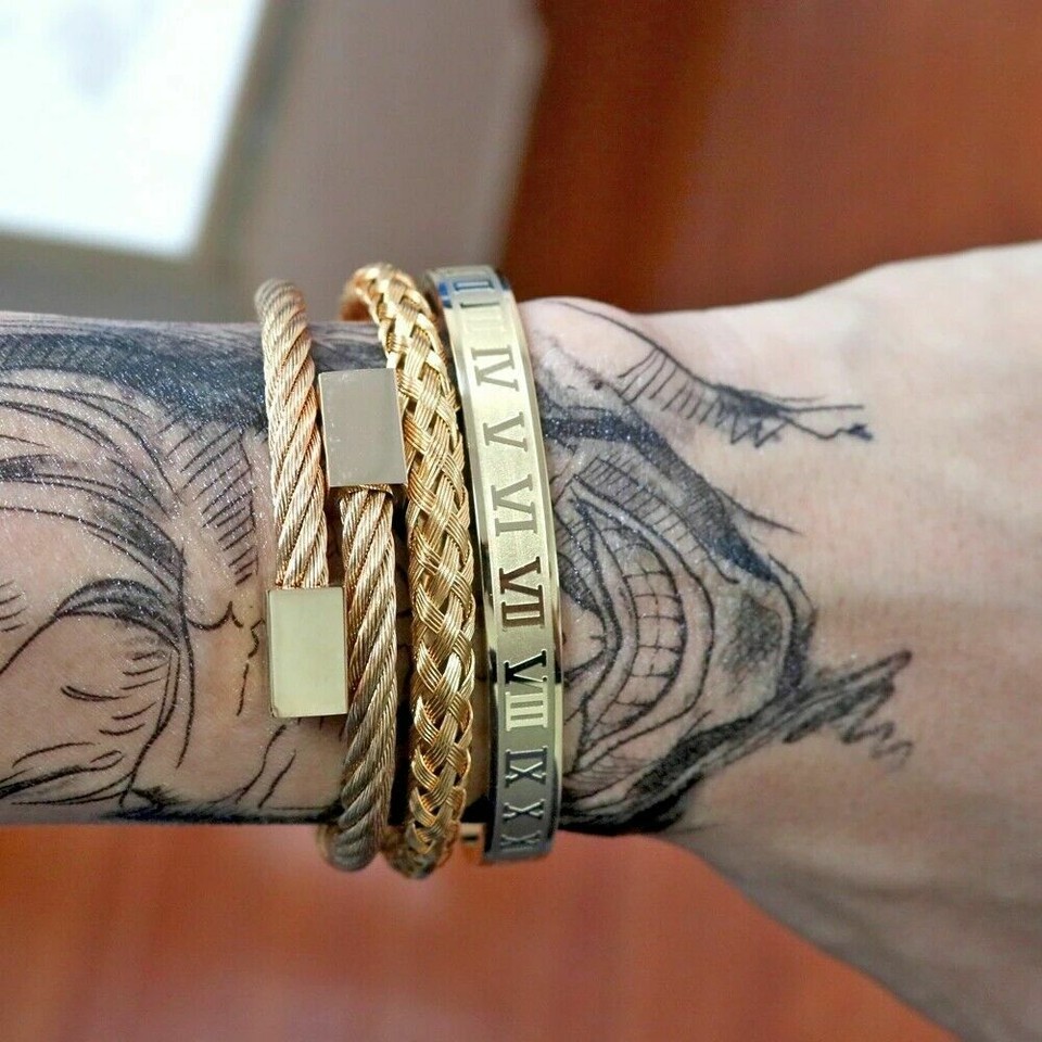Oscar Cuff Bracelet Set With Engraved Roman Numerals And Braided Detail In Gold Tone main image 1