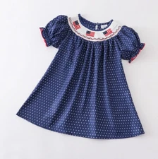 NEW Boutique 4th of July Girls Embroidered US Flag Smocked Blue Dress