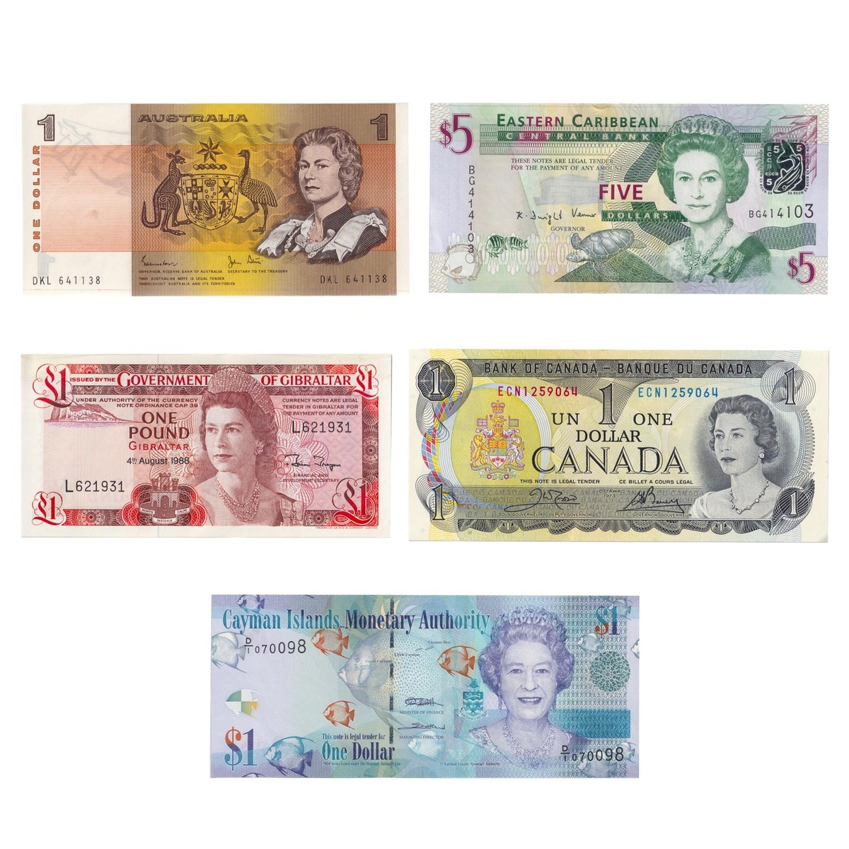 ▽Cc右1064 海外紙幣ピン札BANKNOTES OF NATIONS 72点 5 Banknote Set | Queen Elizabeth II | Gibraltar | East Caribbean