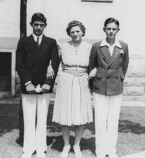 Pretty Woman Two Handsome Men Outdoor Portrait Suits Dresses Wall 1940s