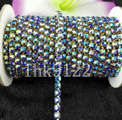 Sapphire blue ab crystal glass rhinestone chain compact close Gold ...
