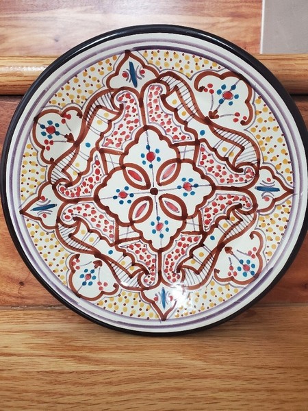 Plato de ensalada colorido Le Souk Ceramique Túnez pintado a mano mercado mundial de 8" usado en excelente estado