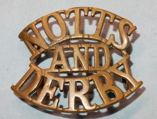 THE SHERWOOD FORESTERS (NOTTS & DERBY) BRASS SHOULDER TITLE BADGE COFFIN LUGS