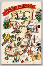 Vintage Greetings from New Jersey NJ Illustrated Map Postcard 1960