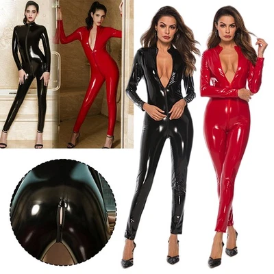 SEXY Damen Catsuit Overall Ganzanzug RV Lack Leder Optik GoGo Glanz Übergrößen - Bild 1 von 4