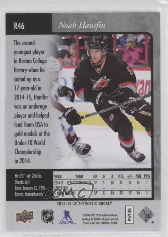2015-16 SP Authentic 1995-96 Retro Premier Prospects Noah Hanifin #R46 Rookie RC - Image 2 of 2