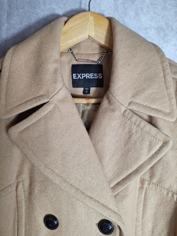 Casaco feminino Y2K Express camelo bronzeado mistura de lã peito duplo tamanho M trabalho marinheiro - Imagem 4 de 4