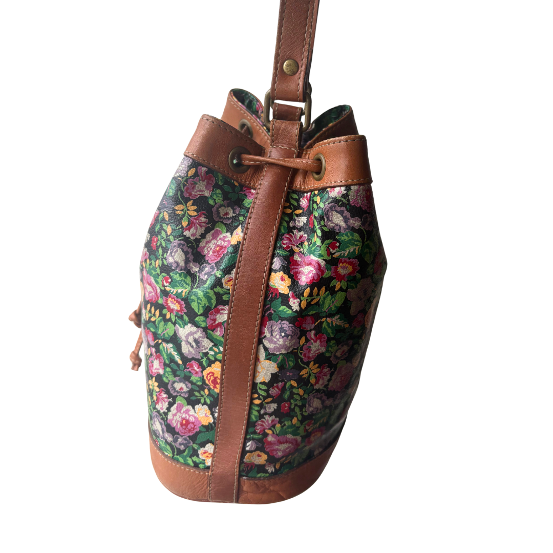 Kenzo Vintage Leather Drawstring Shoulder Bag Black Floral Pattern