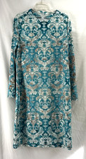 Teal Green & Ivory Midi Dress Womens XL Bell Long Sleeve Damask Print New