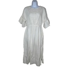 Embroidered Beaded Prairie Midi Dress Womens M/L White Ethereal Boho Cottagecore
