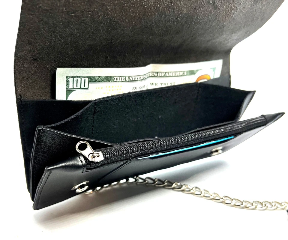 Genuine Leather Men's Biker's Long Wallet Trucker Motorcycle Trucker Steel Chain - Image 4 of 4