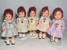 5 vintage Madame Alexander Dionne Quints 7" dolls & Pins/Names complete set 1934
