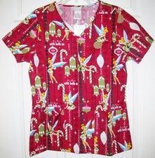 Disney Red Tinkerbell V-Neck Nurse's Christmas Scrub w/3 Front Pockets