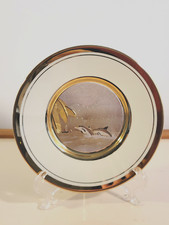 Art of Chokin Decorative Plate DOLPHINS White 24k Gold Trim Japan