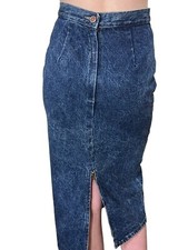 Sz S Denim Skirt Vtg 80s Back ZIP Slit Blue Jeans Midi Pencil Gitano Express USA