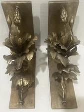 UTTERMOST Wood and Gold Brushed Metal Flower Design Vintage Bookends - RARE