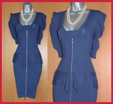 KAREN MILLEN Blue Thin Knitted Short Sleeves Front Zip Casual Work Dress 3 UK12 