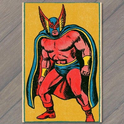 ART PRINT Masked Wrestler Fighter Muscular Cape Red Blue Yellow Retro Odd Strang
