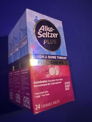 Lot 3 Alka Seltzer Plus Cough & Sore Throat Raspberry Flavor 24 Each Box Sealed