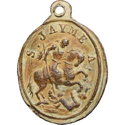 AWESOME 1800s JAMES THE MOOR SLAYER RELIGIOUS MEDAL ANTIQUE PILLAR VIRGIN CHARM