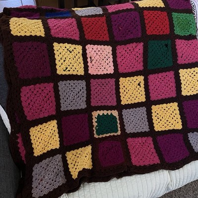 *Vintage Handmade Boho Crochet Throw Granny Square Blanket Patchwork Multi Color