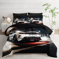 Sports Car Comforter Set Queen Size 7PCS, White Racing Car Bed Set Light White R