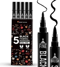 Zenacolor 5 Dual-Tip Black Fabric Markers Permanent for Clothes - Fabric Paint P