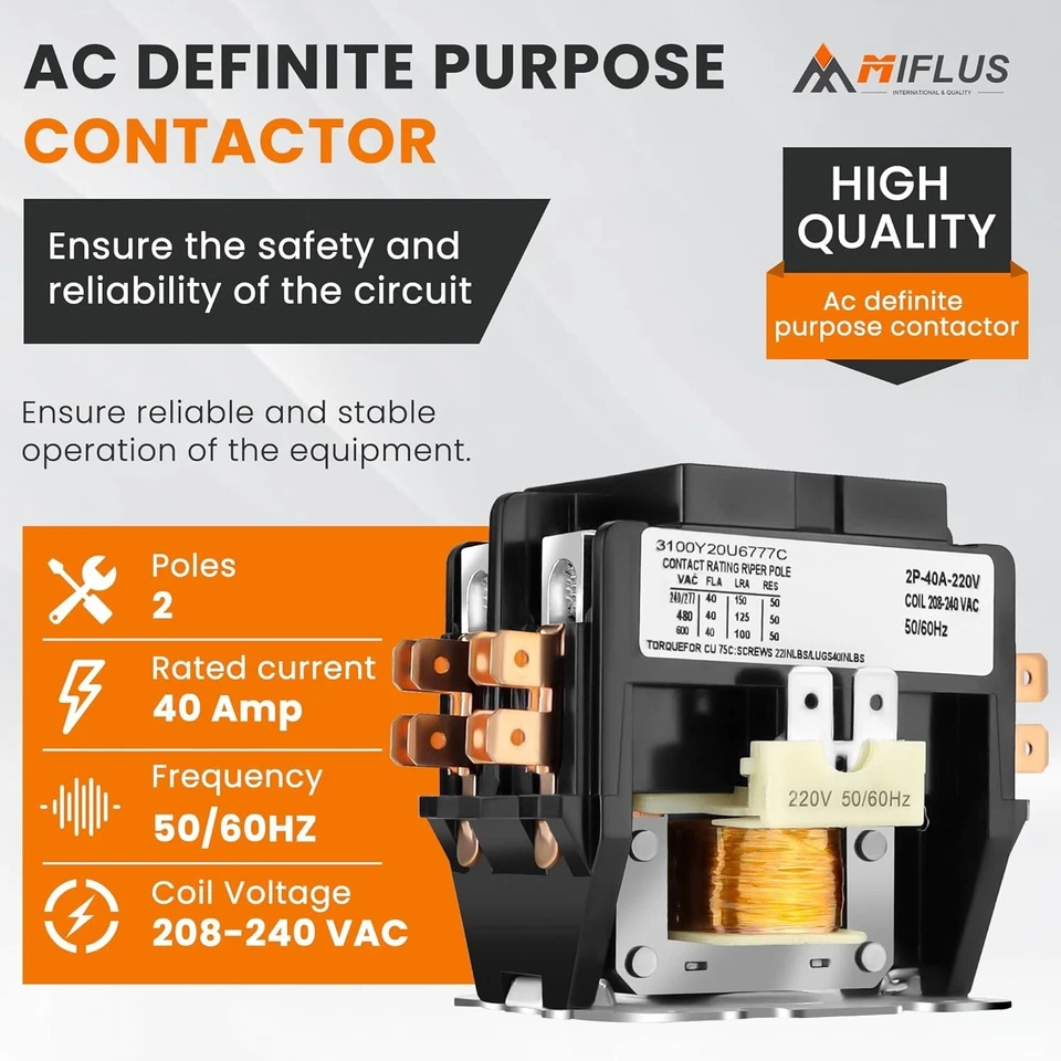 2 Pole Air Conditioner Contactor 40 Amp 220V Coil,AC Definite Purpose Contactor, - Image 2 of 4