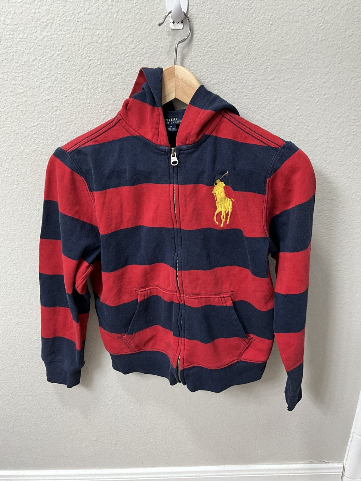 Polo Ralph Lauren ragazzo full zip felpa con cappuccio rosso navy a righe Big Pony M 10 12