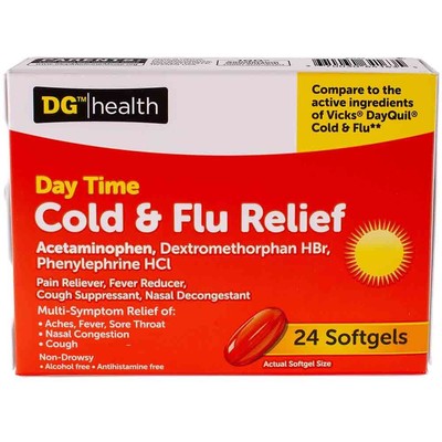 DG HEALTH DAYTIME SEVERE COLD AND FLU MULTI-SYMPTOM Relief 24 Softgels EXP 01/26