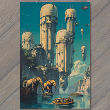 FLATCARD Floating Towers Futuristic City Elephants Boats Sci-Fi Fantasy