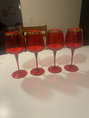4 Italian Decor Ruby Red Crystal Glass Gold Rim Wine Glasses Made in Italy
