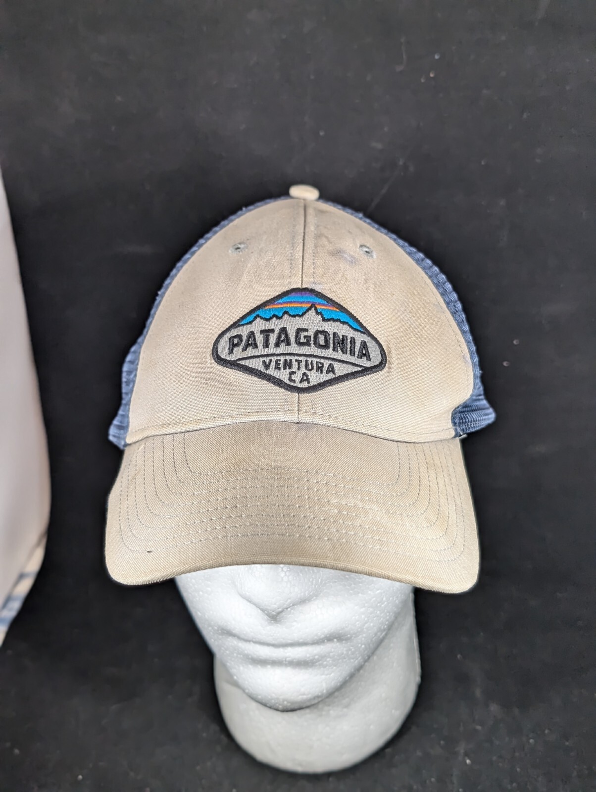 Patagonia Mens Trucker Hat Cap Blue Tan Snap Back Ventura California CA Logo