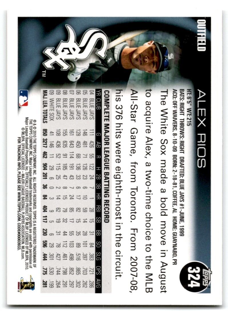 Riho　0324 ALEX RIOS #324 2010 Topps Baseball QTY Chicago White Sox | eBay