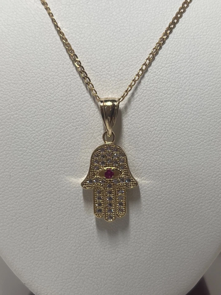 Cadena de oro amarillo de 14k con colgante Hamsa Foto 2 de 2