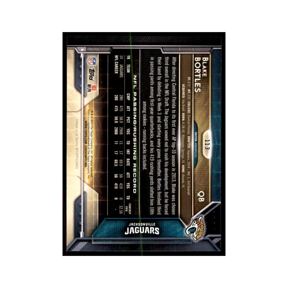 2015 Topps Blake Bortles Football Cards #113 - Image 2 of 3