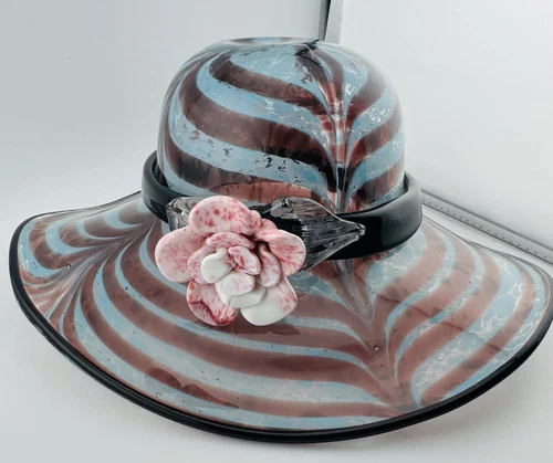 VTG Murano Rare Zebra Print Art Glass Hat 11" Diameter Beautiful Condition