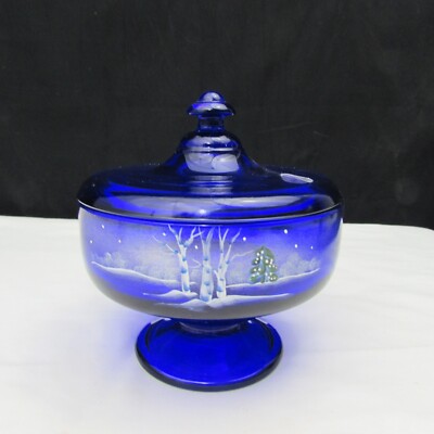 Fenton Cobalt Blue Winter Wonderland Hand Painted Covered Candy Box 2005 W46